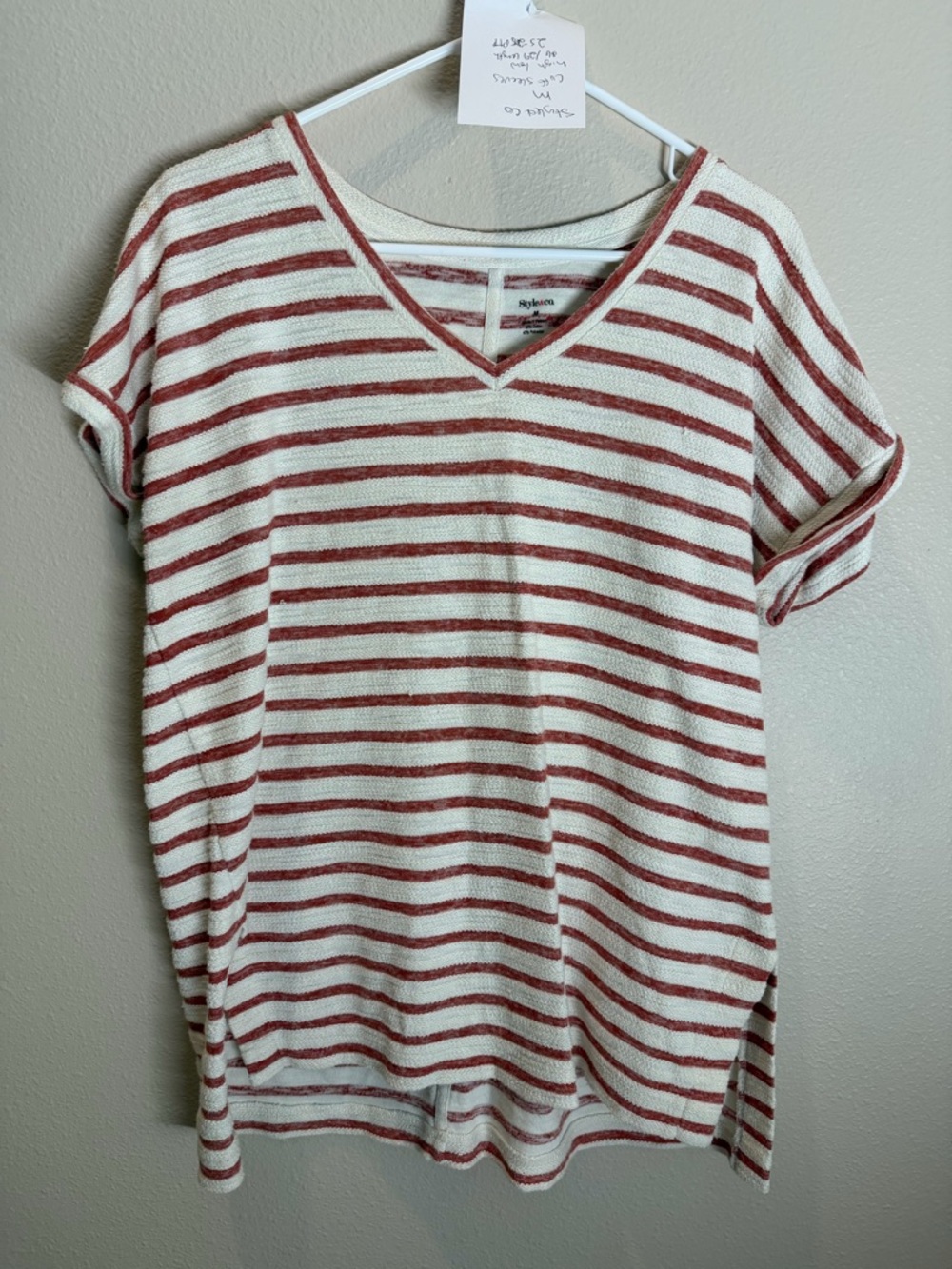 Style & Co. Cream and Rust Striped V-Neck Short Sleeve Top